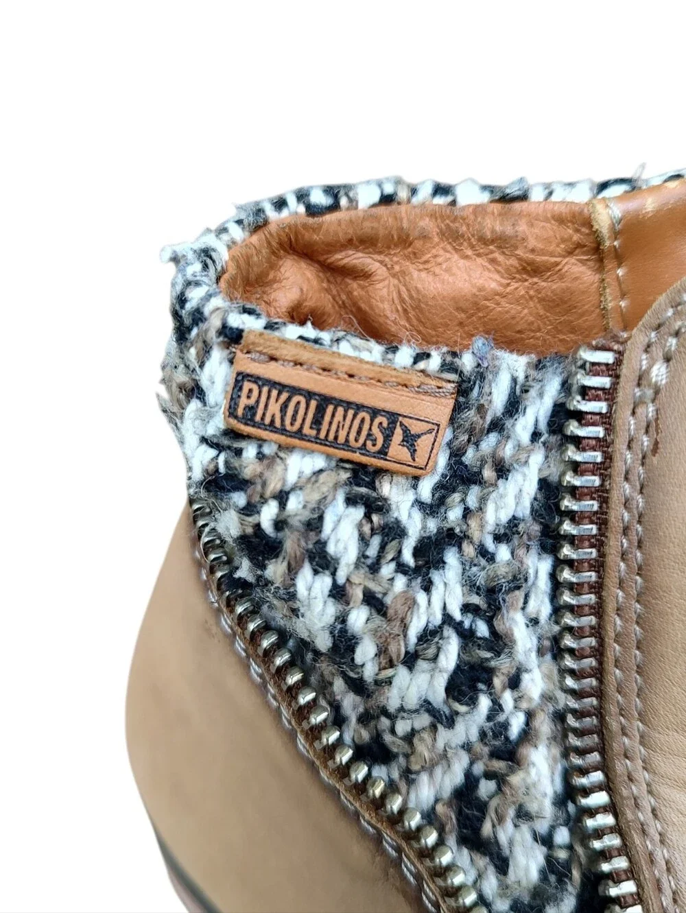PIKOLINOS Tan Leather Ankle Booties with Knit Collar Accent